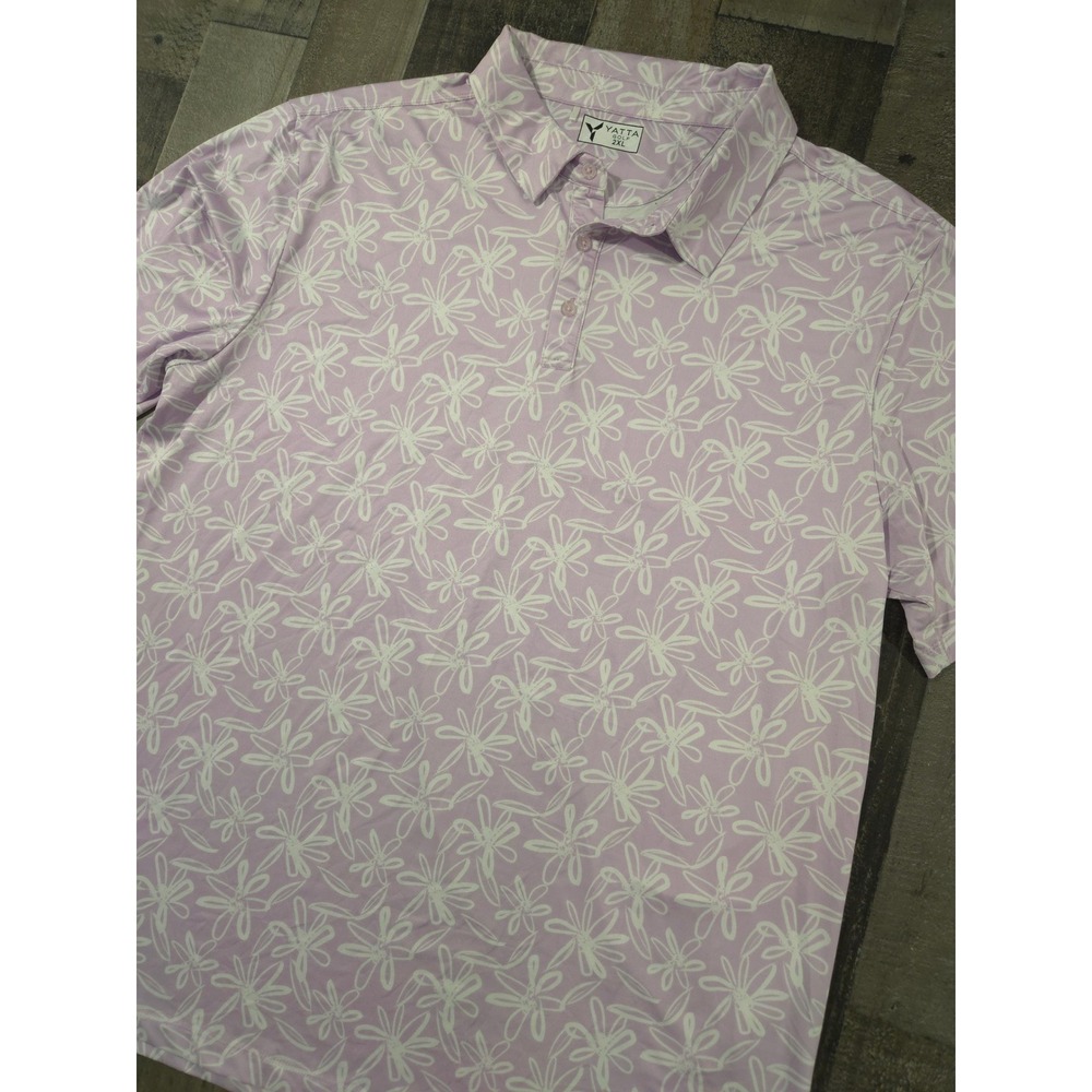 Yatta Golf Polo Shirt Men's 2XL Lilac Lavender Purple White Daisy Floral Stretch